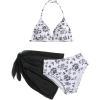 imageMilumia Girls 3 Piece Bikni Set Ditsy Floral Halter Swimsuit with Cover Up SkirtsBlack and White