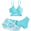 imageMilumia Girls 3 Pieces Bikini Set Tropical Print Criss Cross Wrap Bathing Suit with Beach SkirtBlue and White