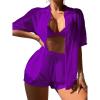 imageMilumia Womens 2 Piece Cover Ups Set Short Sleeve Open Front Kimono Swimsuit Coverup with ShortsViolet Purple
