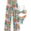 imageMilumia Womens 3 Piece Tropical Print Bikini Sets Twist Swimsuit with Cover Up PantsWhite and Green