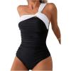 imageMilumia Womens One Shoulder One Piece Swimsuit Colorblock Asymmetrical Neck Bathing SuitBlack and White