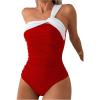 imageMilumia Womens One Shoulder One Piece Swimsuit Colorblock Asymmetrical Neck Bathing SuitRed