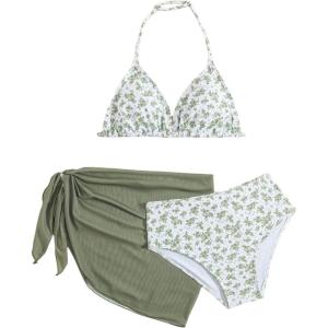 imageMilumia Girls 3 Piece Bikni Set Ditsy Floral Halter Swimsuit with Cover Up SkirtsArmy Green