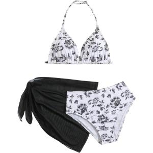 imageMilumia Girls 3 Piece Bikni Set Ditsy Floral Halter Swimsuit with Cover Up SkirtsBlack and White