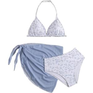 imageMilumia Girls 3 Piece Bikni Set Ditsy Floral Halter Swimsuit with Cover Up SkirtsMulticolor