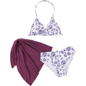 imageMilumia Girls 3 Piece Bikni Set Ditsy Floral Halter Swimsuit with Cover Up SkirtsPurple