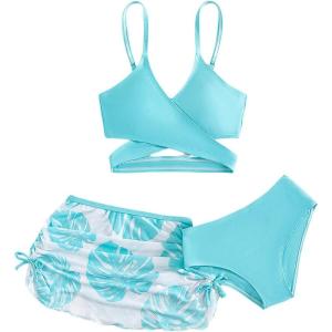 imageMilumia Girls 3 Pieces Bikini Set Tropical Print Criss Cross Wrap Bathing Suit with Beach SkirtBlue and White