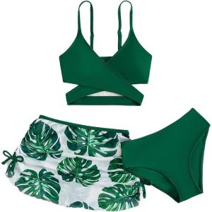 imageMilumia Girls 3 Pieces Bikini Set Tropical Print Criss Cross Wrap Bathing Suit with Beach SkirtGreen and White