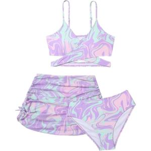 imageMilumia Girls 3 Pieces Bikini Set Tropical Print Criss Cross Wrap Bathing Suit with Beach SkirtLilac Purple