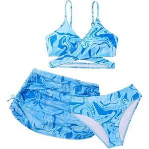 imageMilumia Girls 3 Pieces Bikini Set Tropical Print Criss Cross Wrap Bathing Suit with Beach SkirtMarble Print Blue