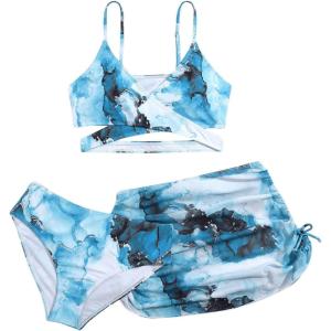 imageMilumia Girls 3 Pieces Bikini Set Tropical Print Criss Cross Wrap Bathing Suit with Beach SkirtMulti Blue White