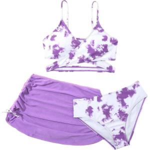 imageMilumia Girls 3 Pieces Bikini Set Tropical Print Criss Cross Wrap Bathing Suit with Beach SkirtTie Dye Purple