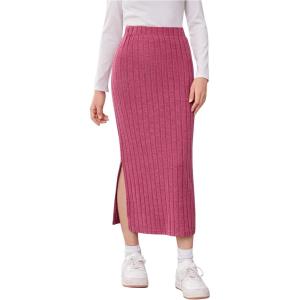 imageMilumia Girls Rib Knit Split Thigh Long Skirt Elastic Waist Solid Pencil SkirtsHot Pink