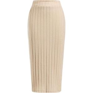 imageMilumia Girls Rib Knit Split Thigh Long Skirt Elastic Waist Solid Pencil SkirtsKhaki