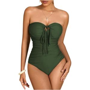 imageMilumia Women Strapless Bathing Suits Ruched Halter Bandeau One Piece SwimsuitArmy Green