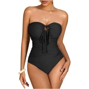 imageMilumia Women Strapless Bathing Suits Ruched Halter Bandeau One Piece SwimsuitBlack