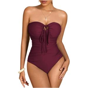 imageMilumia Women Strapless Bathing Suits Ruched Halter Bandeau One Piece SwimsuitBurgundy
