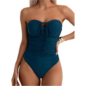 imageMilumia Women Strapless Bathing Suits Ruched Halter Bandeau One Piece SwimsuitDark Green