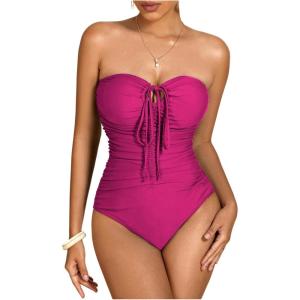 imageMilumia Women Strapless Bathing Suits Ruched Halter Bandeau One Piece SwimsuitHot Pink