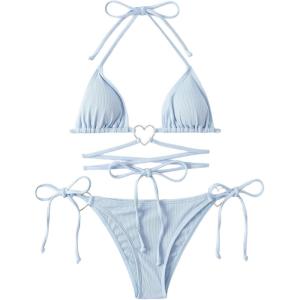 imageMilumia Women Two Piece Heart Ring Linked Bikini Set Lace Up Tie Halter SwimsuitB Light Blue