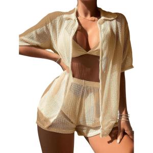 imageMilumia Womens 2 Piece Cover Ups Set Short Sleeve Open Front Kimono Swimsuit Coverup with ShortsApricot