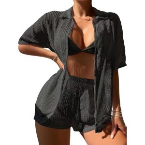 imageMilumia Womens 2 Piece Cover Ups Set Short Sleeve Open Front Kimono Swimsuit Coverup with ShortsBlack