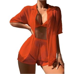 imageMilumia Womens 2 Piece Cover Ups Set Short Sleeve Open Front Kimono Swimsuit Coverup with ShortsBurnt Orange