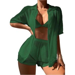 imageMilumia Womens 2 Piece Cover Ups Set Short Sleeve Open Front Kimono Swimsuit Coverup with ShortsGreen