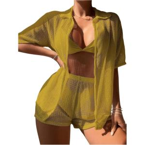 imageMilumia Womens 2 Piece Cover Ups Set Short Sleeve Open Front Kimono Swimsuit Coverup with ShortsMustard Yellow