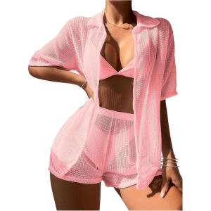 imageMilumia Womens 2 Piece Cover Ups Set Short Sleeve Open Front Kimono Swimsuit Coverup with ShortsPink