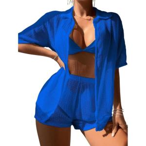 imageMilumia Womens 2 Piece Cover Ups Set Short Sleeve Open Front Kimono Swimsuit Coverup with ShortsRoyal Blue