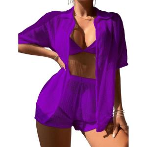 imageMilumia Womens 2 Piece Cover Ups Set Short Sleeve Open Front Kimono Swimsuit Coverup with ShortsViolet Purple