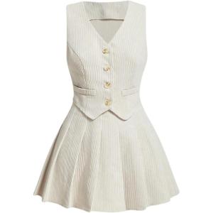 imageMilumia Womens 2 Piece Outfit Plaid Vest Blazer and Pleated Skirt Suit SetsBeige