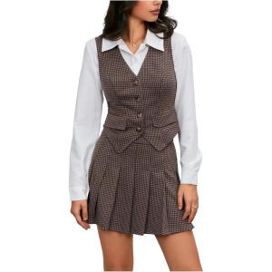 imageMilumia Womens 2 Piece Outfit Plaid Vest Blazer and Pleated Skirt Suit SetsBrown