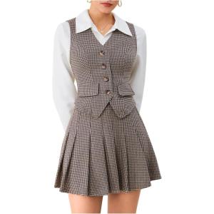 imageMilumia Womens 2 Piece Outfit Plaid Vest Blazer and Pleated Skirt Suit SetsGrey