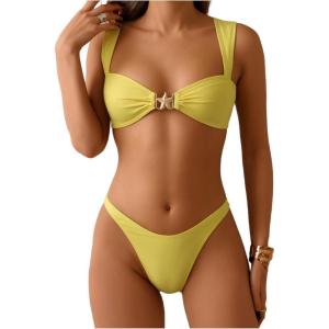 imageMilumia Womens Bikini Sets Two Piece Swimsuit Wide Strap Tie Back High Cut Starfish Bathing SuitYellow