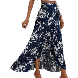 imageMilumia Womens Boho Floral Print Knot Side Split Wrap Flowy High Waisted Long Maxi SkirtBlue