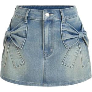imageMilumia Womens Bow Knot Front Bodycon Denim Jean Mini Skirt with PocketBlue Solid
