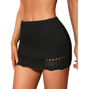 imageMilumia Womens Crochet Beach Mini Skirt Knit Scallop Hem Cut Out Bikini Swimsuit Cover Up SkirtsBlack