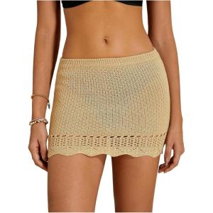 imageMilumia Womens Crochet Beach Mini Skirt Knit Scallop Hem Cut Out Bikini Swimsuit Cover Up SkirtsLight Khaki