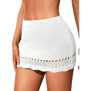 imageMilumia Womens Crochet Beach Mini Skirt Knit Scallop Hem Cut Out Bikini Swimsuit Cover Up SkirtsWhite