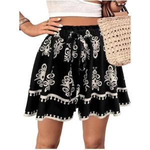 imageMilumia Womens Ditsy Floral Elastic Waist Skort Ruffle Hem Boho Short Skirt SkortsBlack and Beige