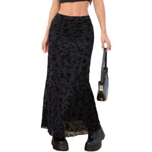 imageMilumia Womens Floral Print Mesh Long Skirt Low Waisted Y2k Flare Hem Fishtail SkirtsBlack
