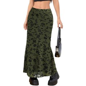 imageMilumia Womens Floral Print Mesh Long Skirt Low Waisted Y2k Flare Hem Fishtail SkirtsDark Green