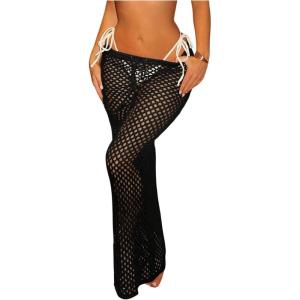 imageMilumia Womens Hollow Out Crochet Swimsuit Cover Up Skirt Beach Coverup Bodycon Maxi SkirtBlack