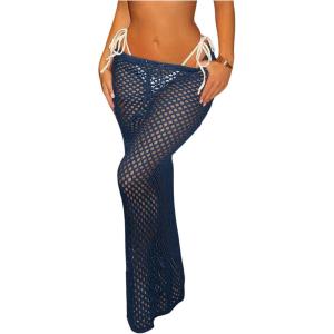 imageMilumia Womens Hollow Out Crochet Swimsuit Cover Up Skirt Beach Coverup Bodycon Maxi SkirtDeep Blue