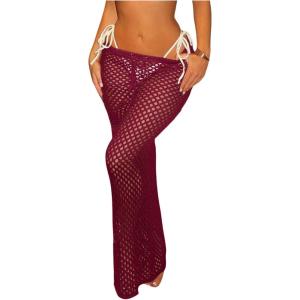 imageMilumia Womens Hollow Out Crochet Swimsuit Cover Up Skirt Beach Coverup Bodycon Maxi SkirtRed Violet