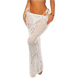 imageMilumia Womens Hollow Out Crochet Swimsuit Cover Up Skirt Beach Coverup Bodycon Maxi SkirtWhite