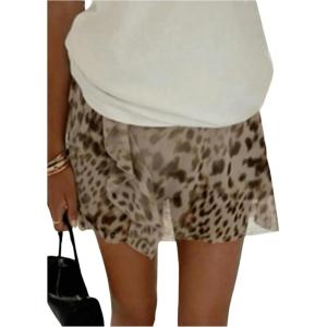 imageMilumia Womens Leopard Print Ruffle Trim Sheer Skirt High Rise Mesh Mini SkortMulticolor