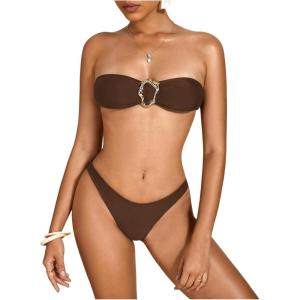imageMilumia Womens Metal Ring Strapless Bikini Set High Cut Two Piece Bandeau Swimsuit Bathing SuitBrown